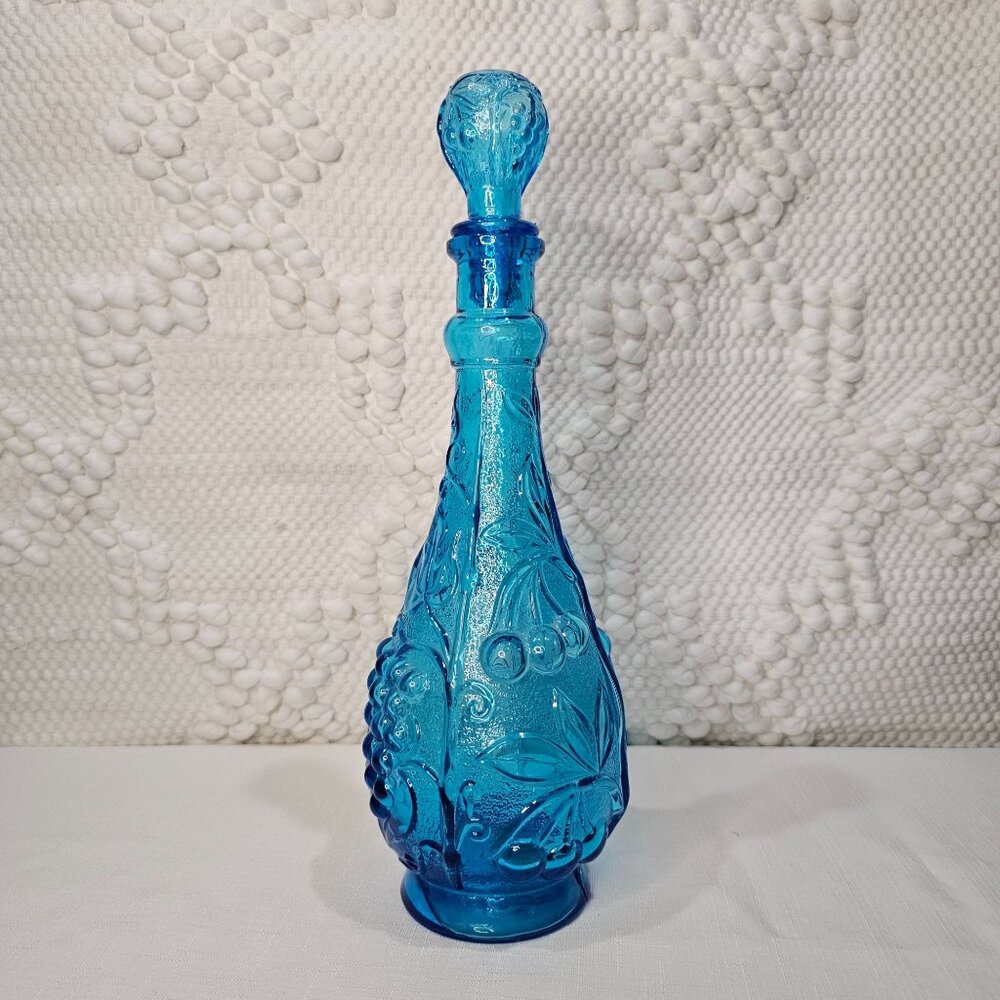 Vintage MCM Empoli Italian Aqua Blue‎ Glass 'Grapes' Genie Bottle/Decanter